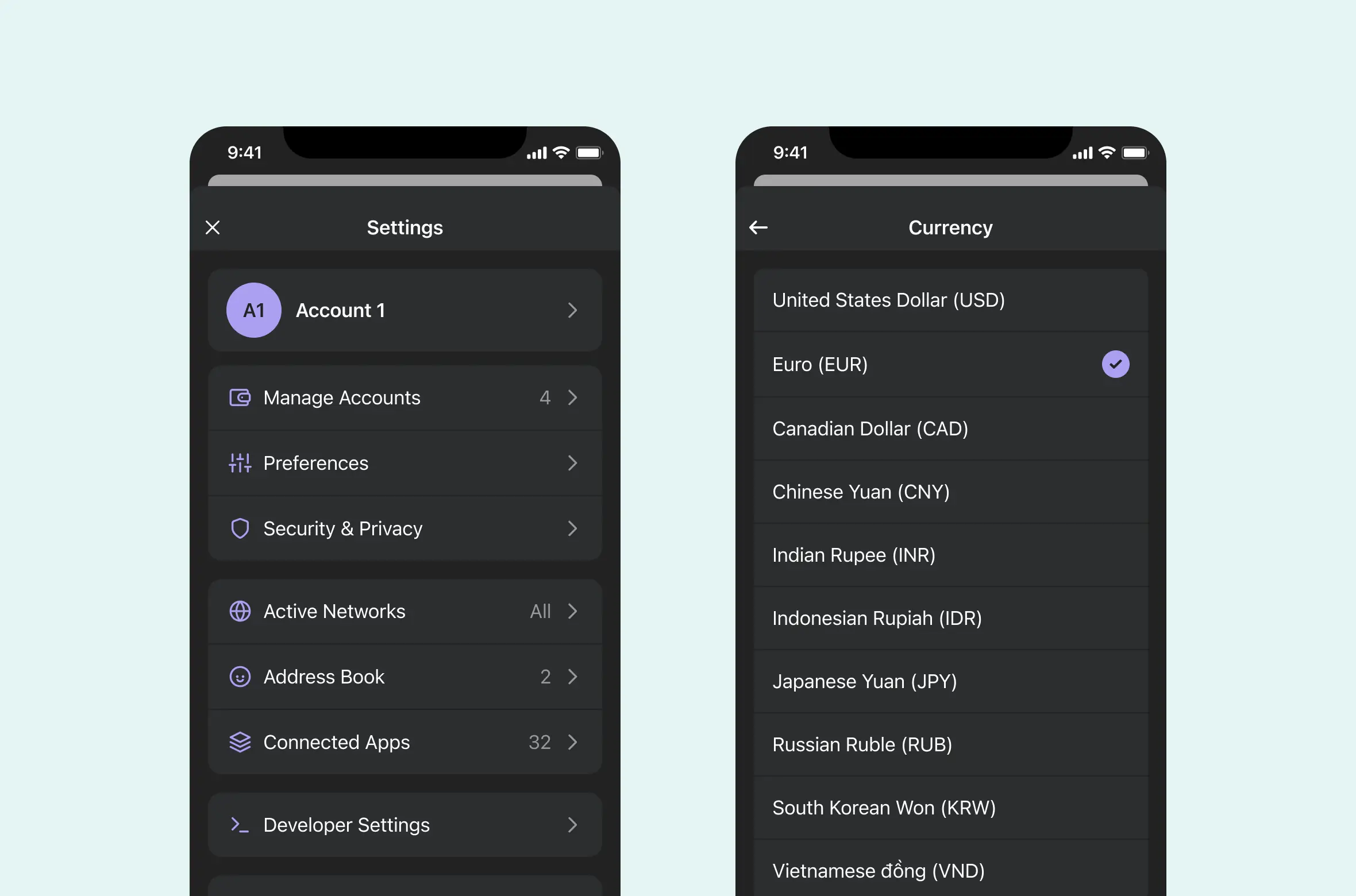 Settings & currency picker