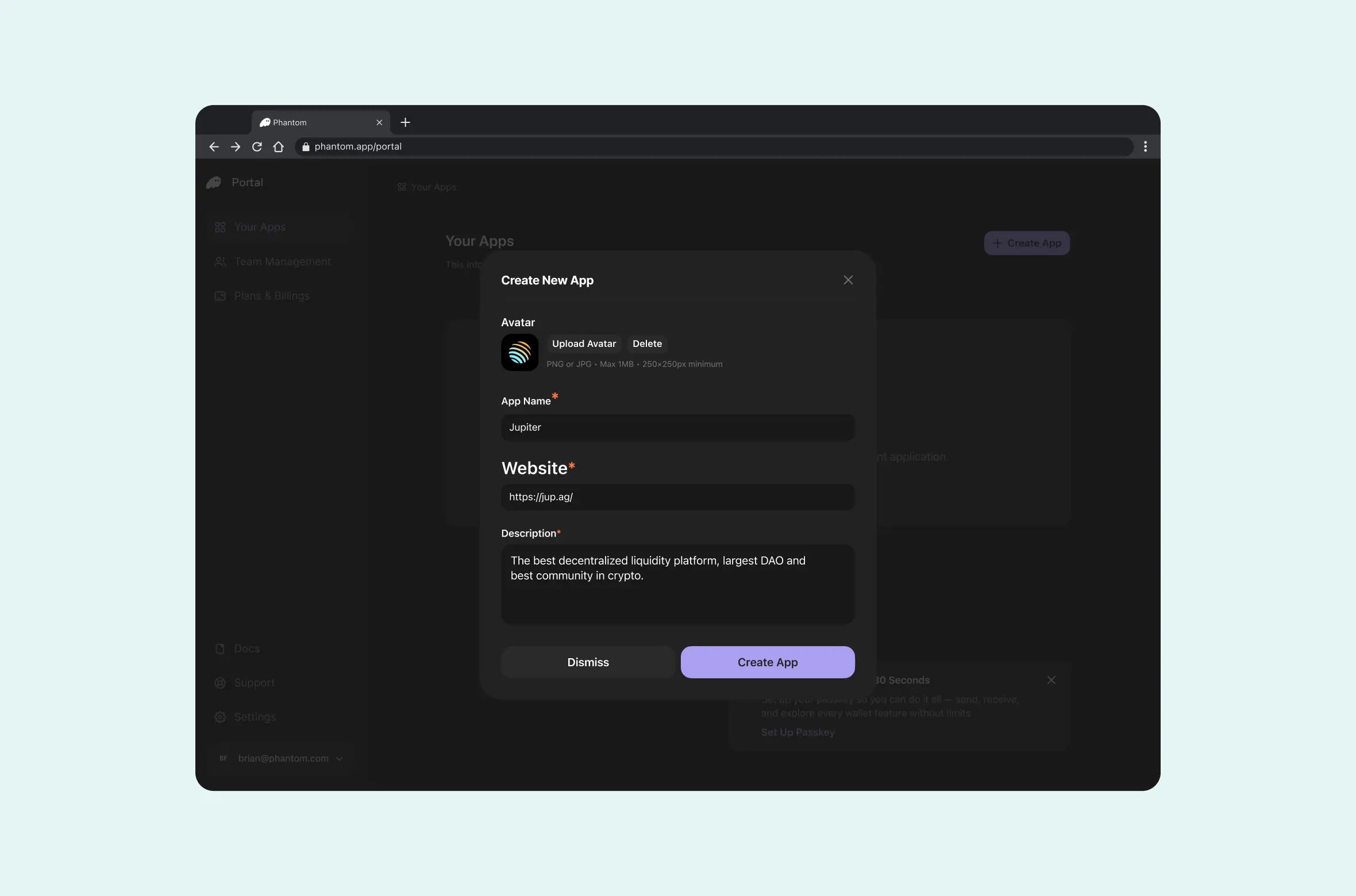Create app dialog
