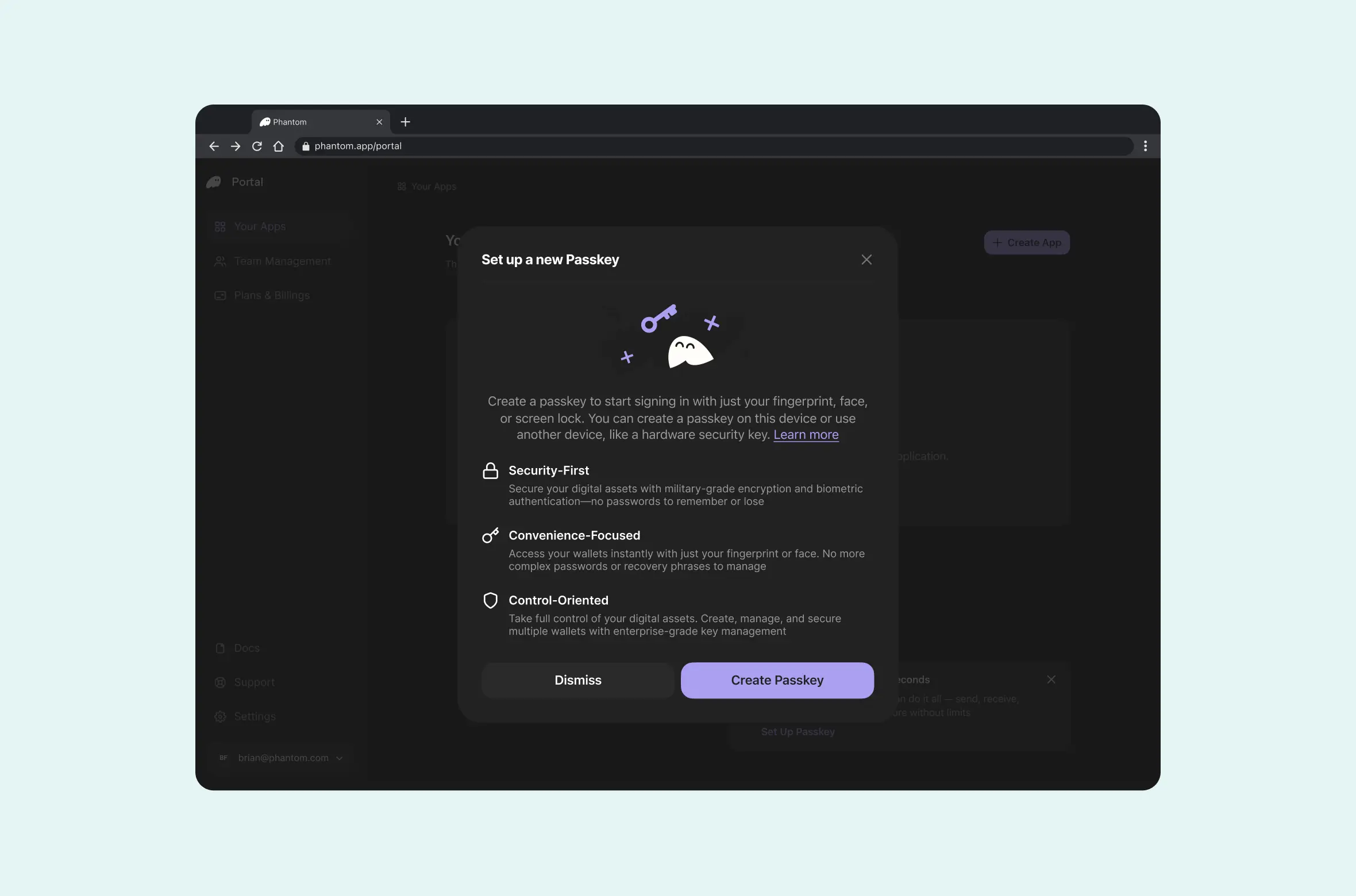 Passkey setup dialog